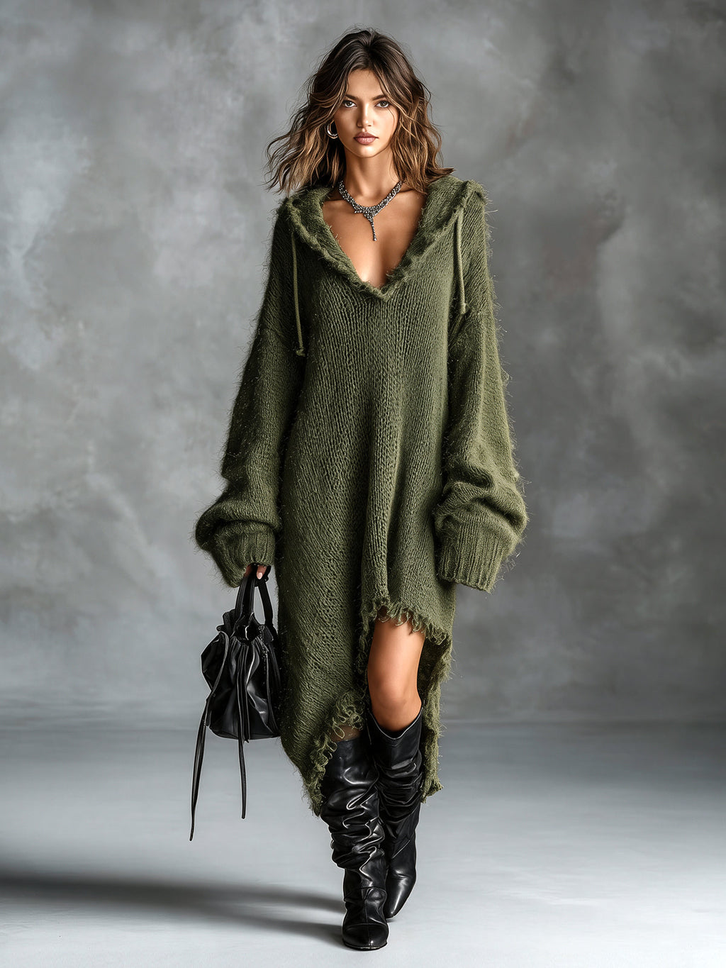Hooded Fleece-Knit Midi Dress