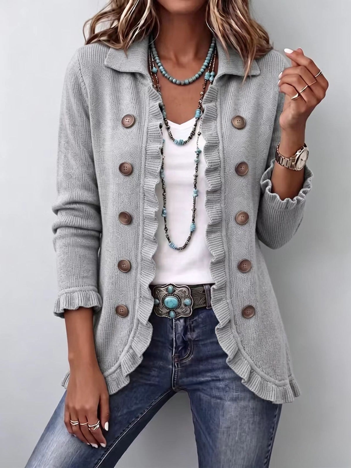 Eloísa | Heathered Grey Knit Jacket with Ruffles