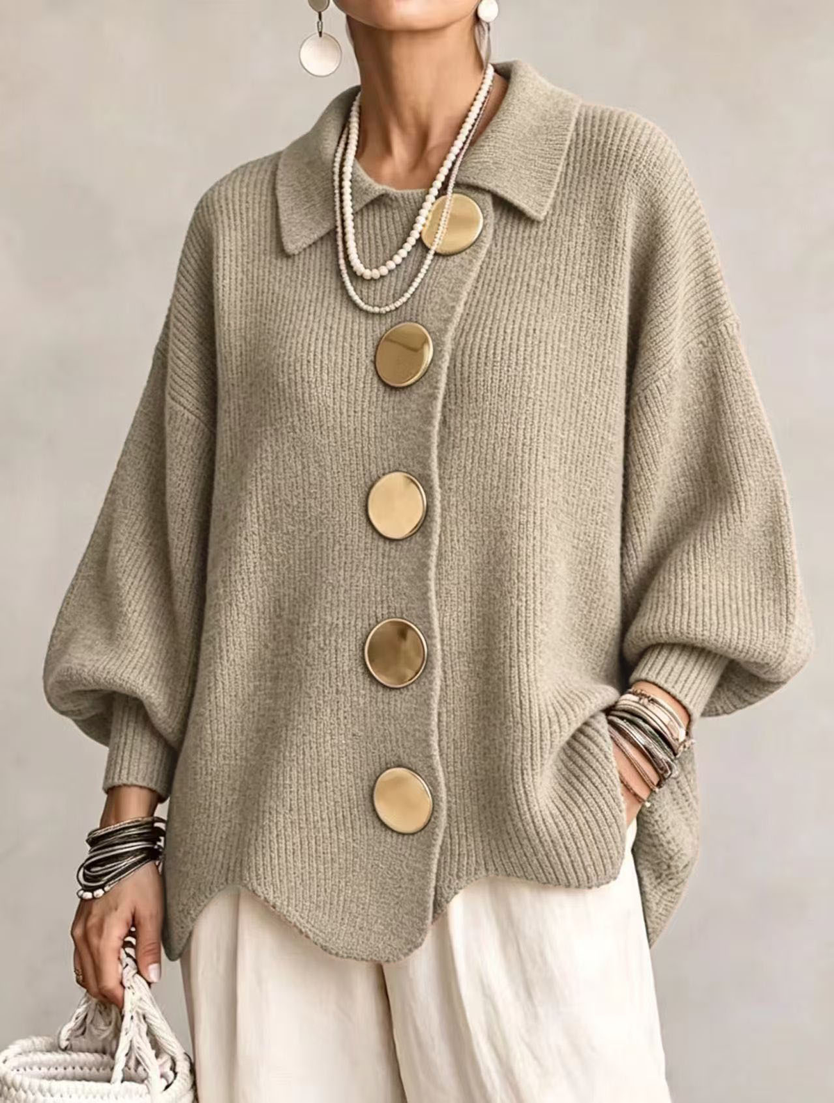Isadora™ | Oversize Collared Cardigan with Large Metal Buttons