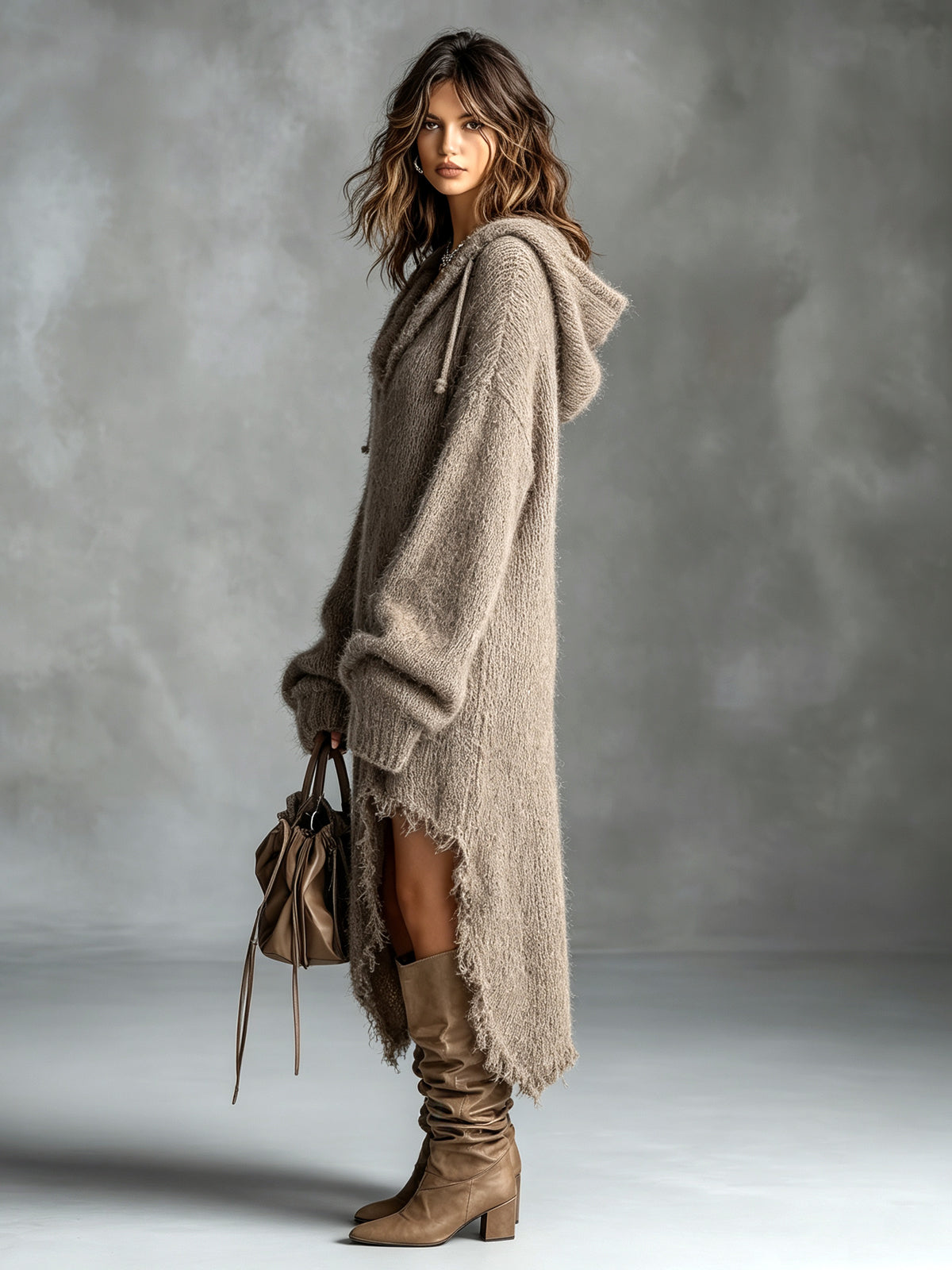 Hooded Fleece-Knit Midi Dress
