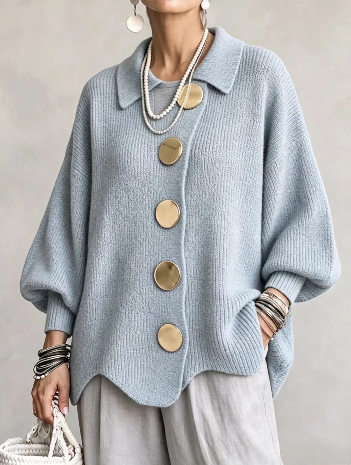 Isadora™ | Oversize Collared Cardigan with Large Metal Buttons