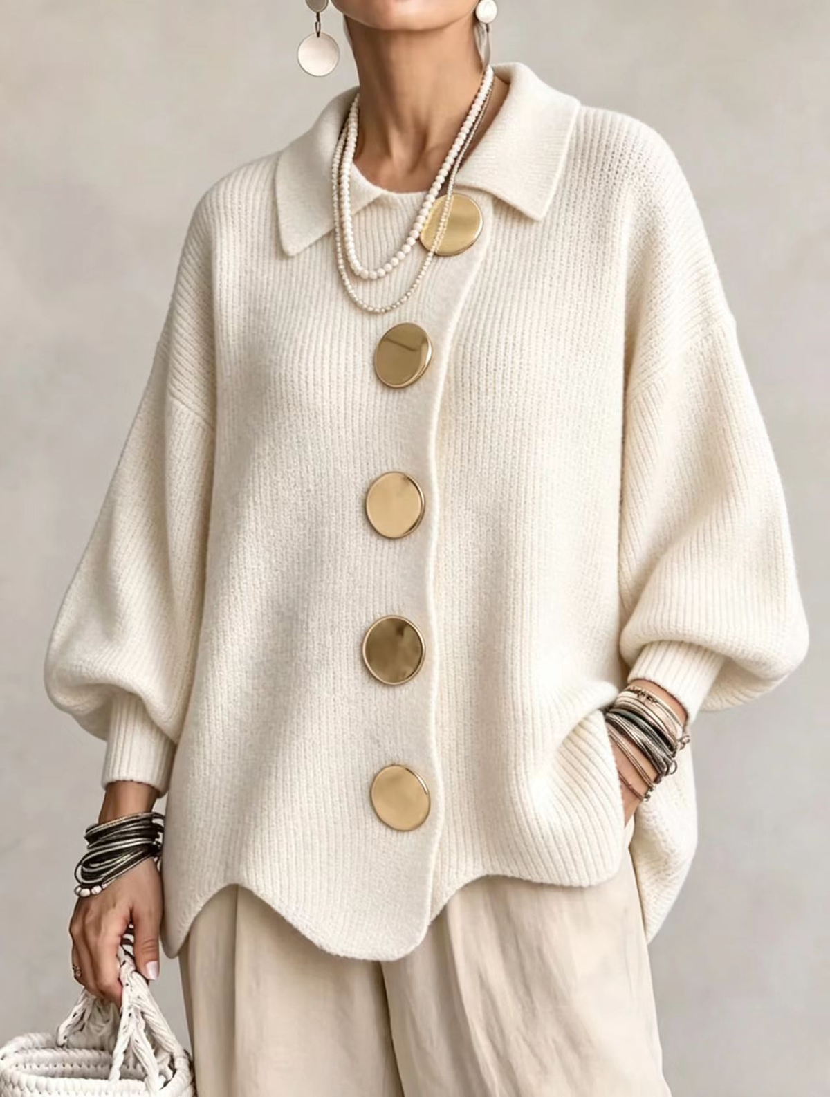 Isadora™ | Oversize Collared Cardigan with Large Metal Buttons