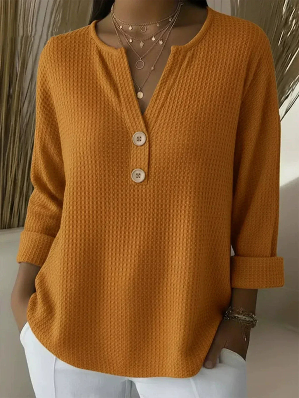 Lucía | Waffle Henley Tee with Buttons