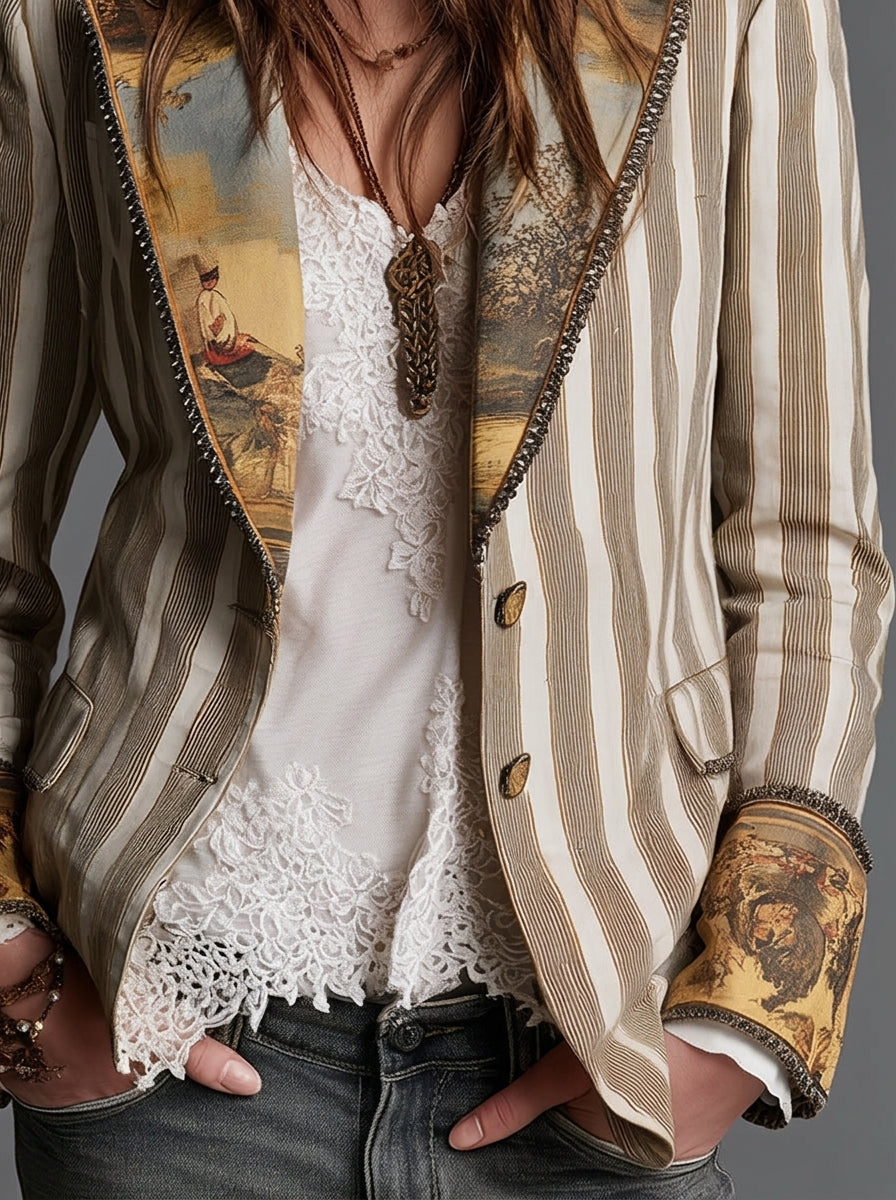 Sara - Boho Striped Blazer with Printed Collar
