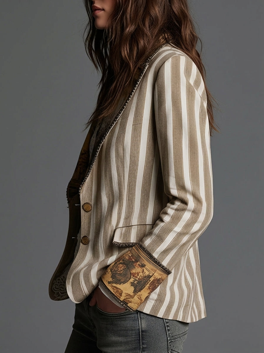 Sara - Boho Striped Blazer with Printed Collar