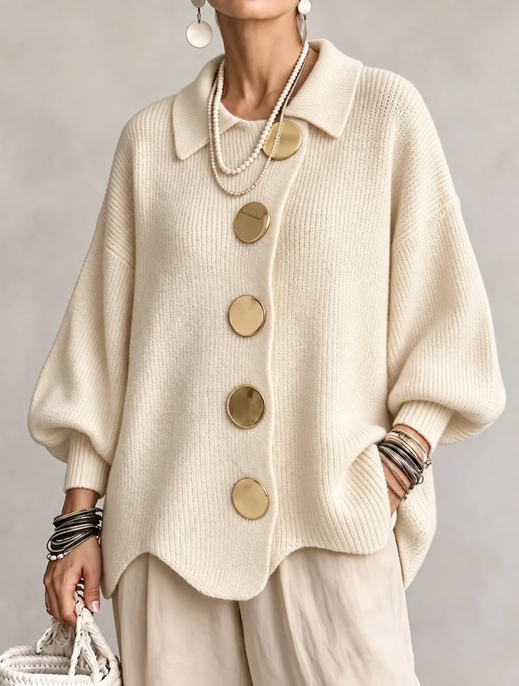 Isadora™ | Oversize Collared Cardigan with Large Metal Buttons