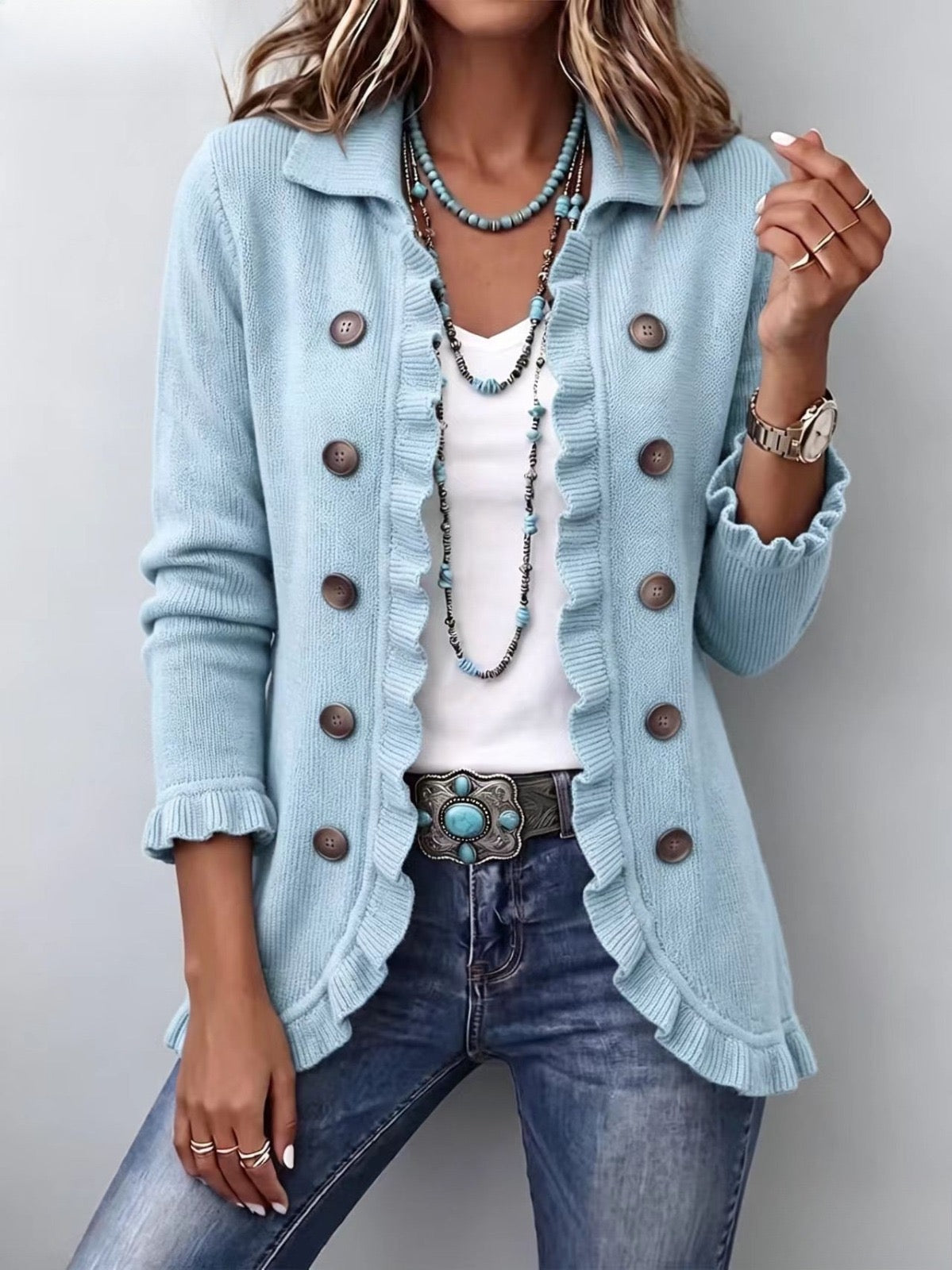 Cecilia | Dusty Blue Knit Cardigan with Ruffles