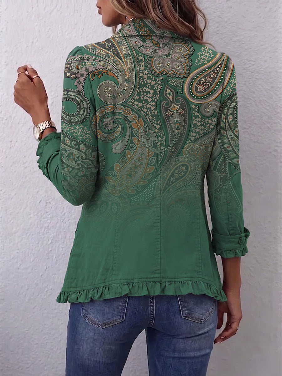 Jacinta | Green Paisley Jacket with Ruffles