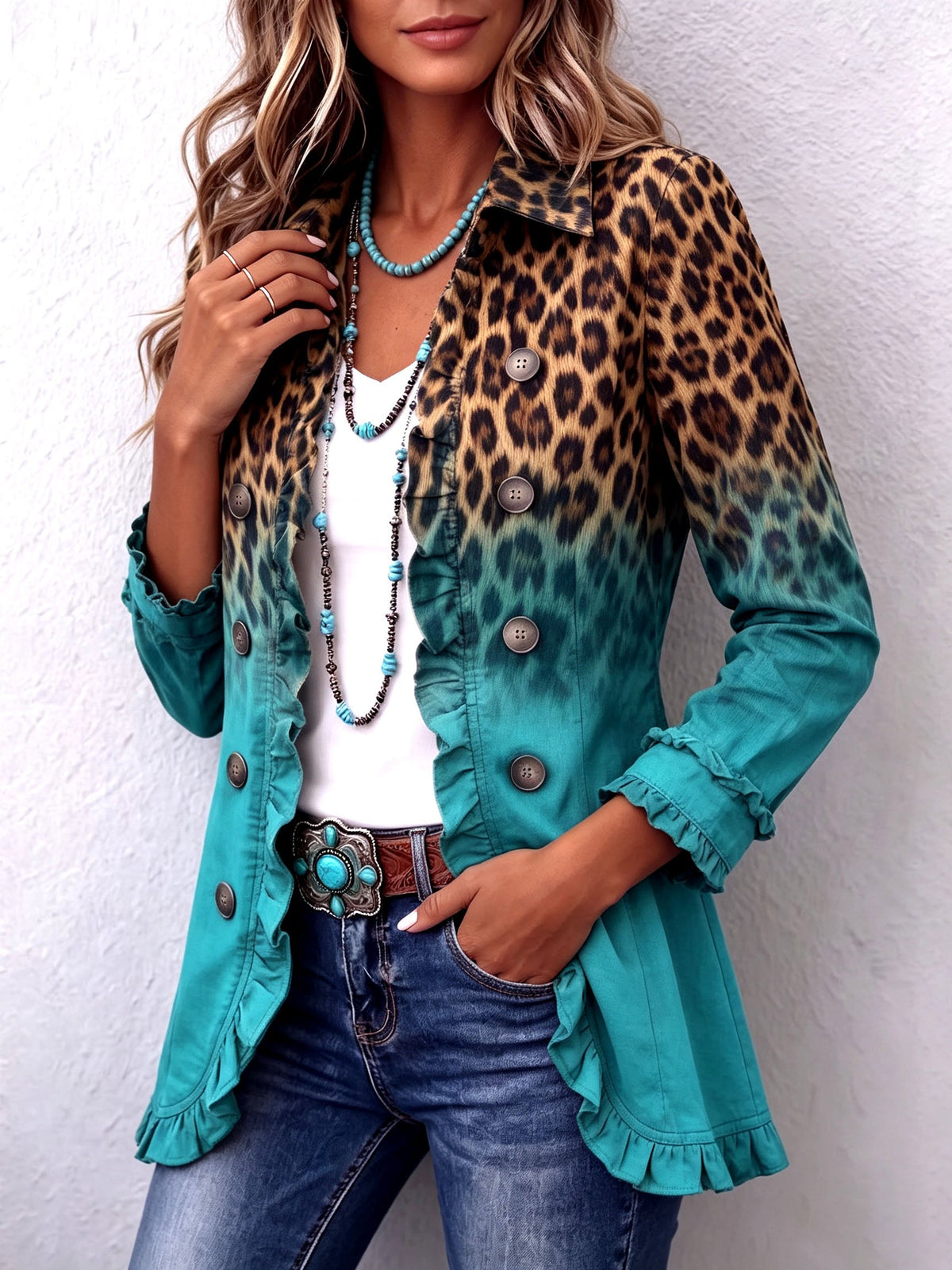 Mercedes | Leopard Ombré Ruffle Blazer Jacket