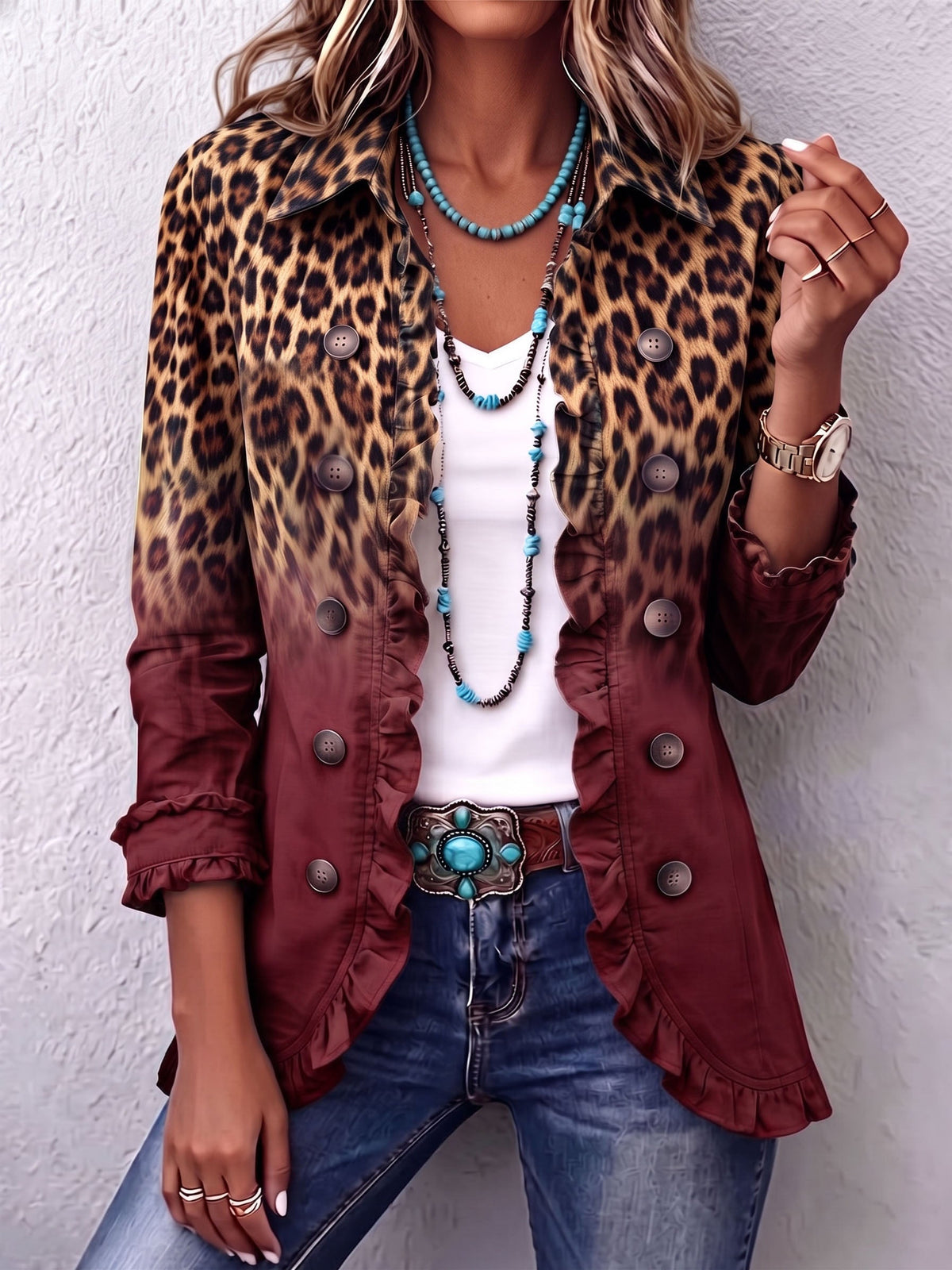 Mercedes | Leopard Ombré Ruffle Blazer Jacket