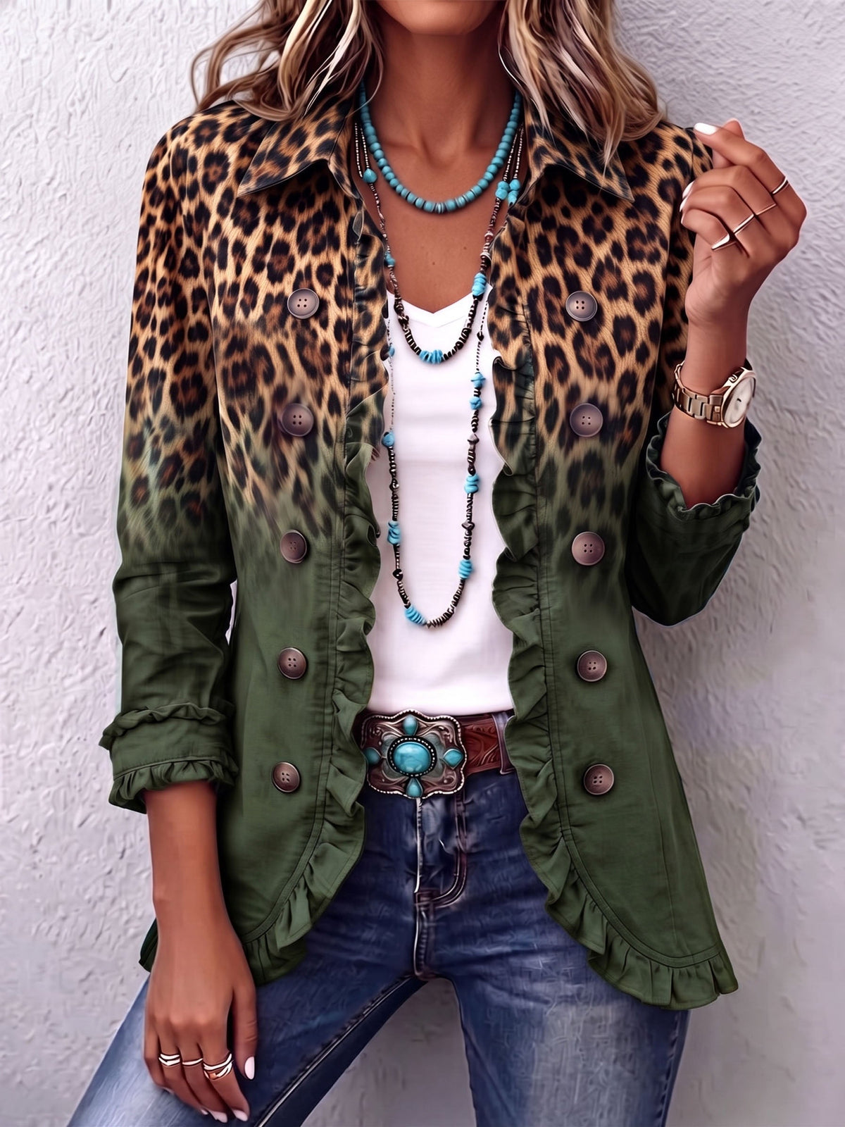 Mercedes | Leopard Ombré Ruffle Blazer Jacket